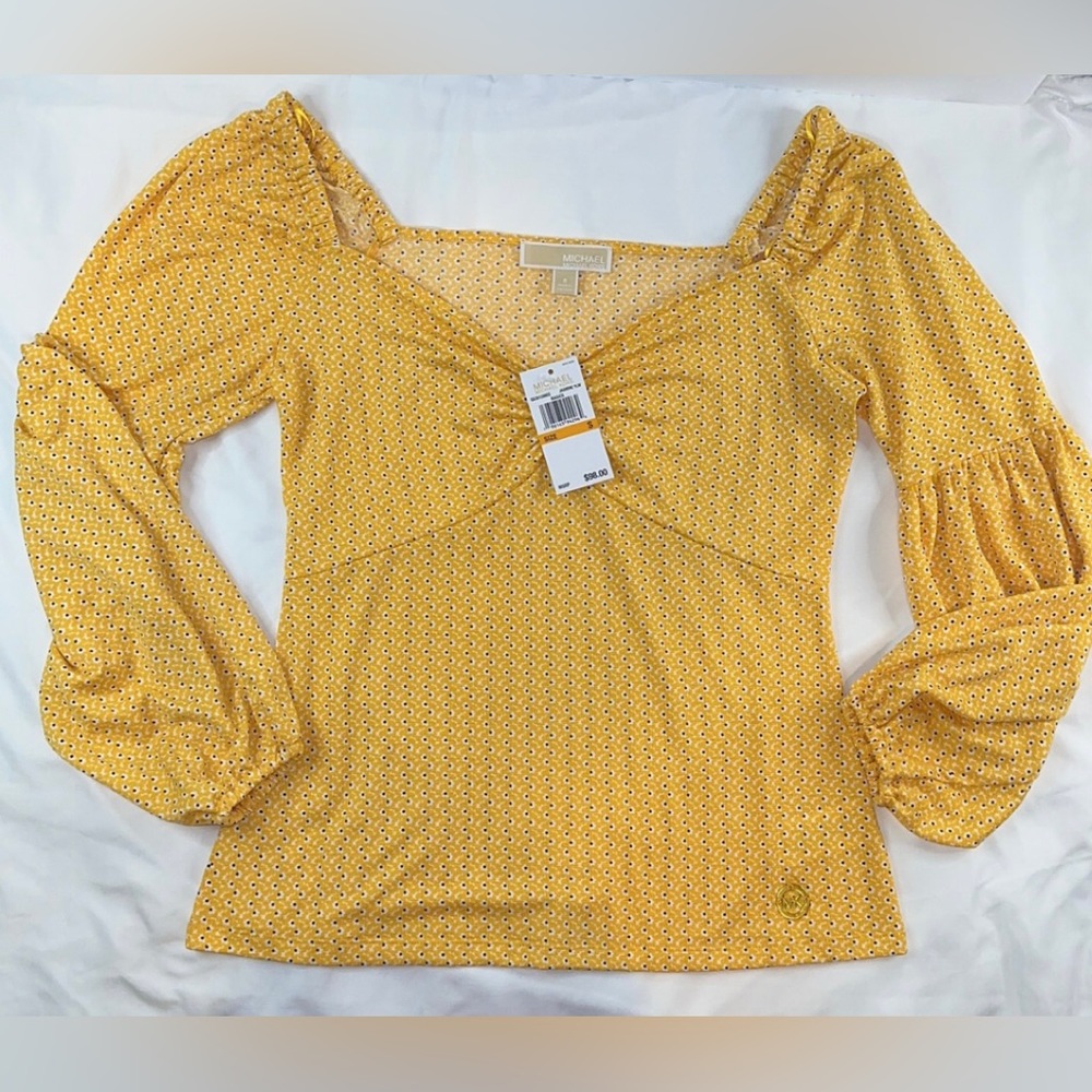 Michael Kors Yellow Floral Long Sleeve Peasant Boho Blouse Shirt Top Women’s